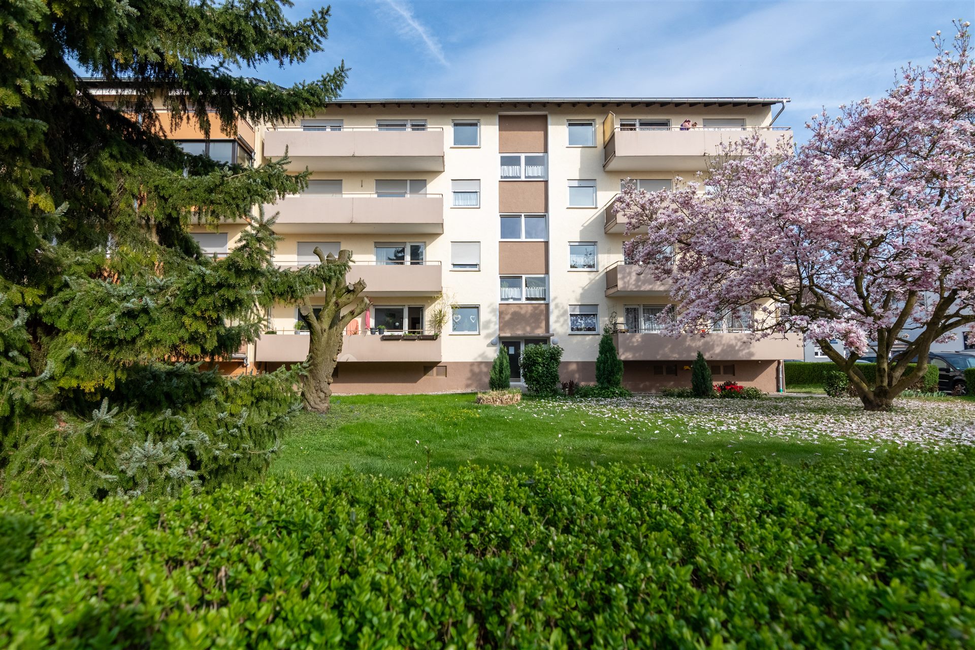 Außenansicht mit Garten und Magnolienbaum