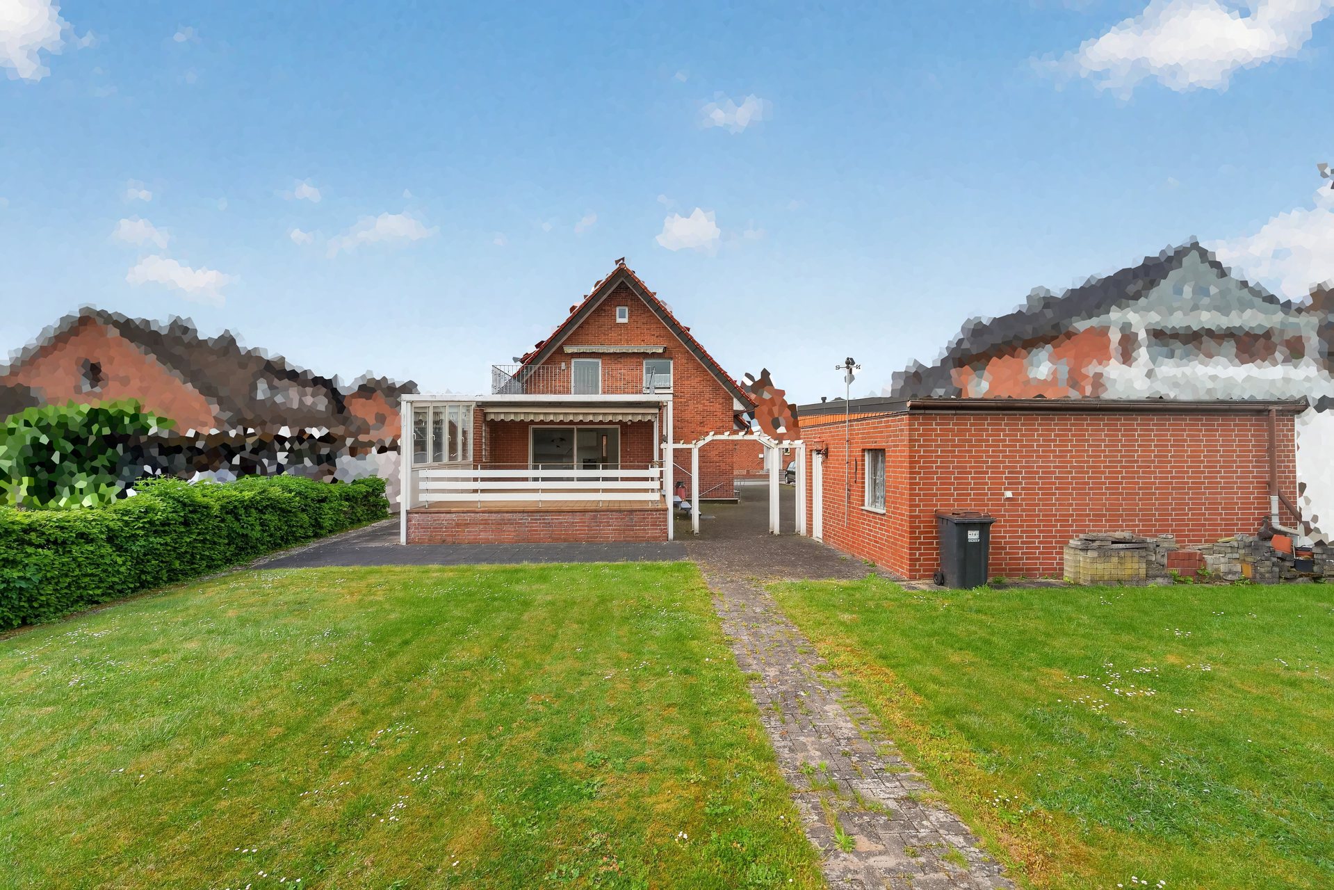 Zweifamilienhaus Nottuln – Garten mit überdachter Terrasse und Garage