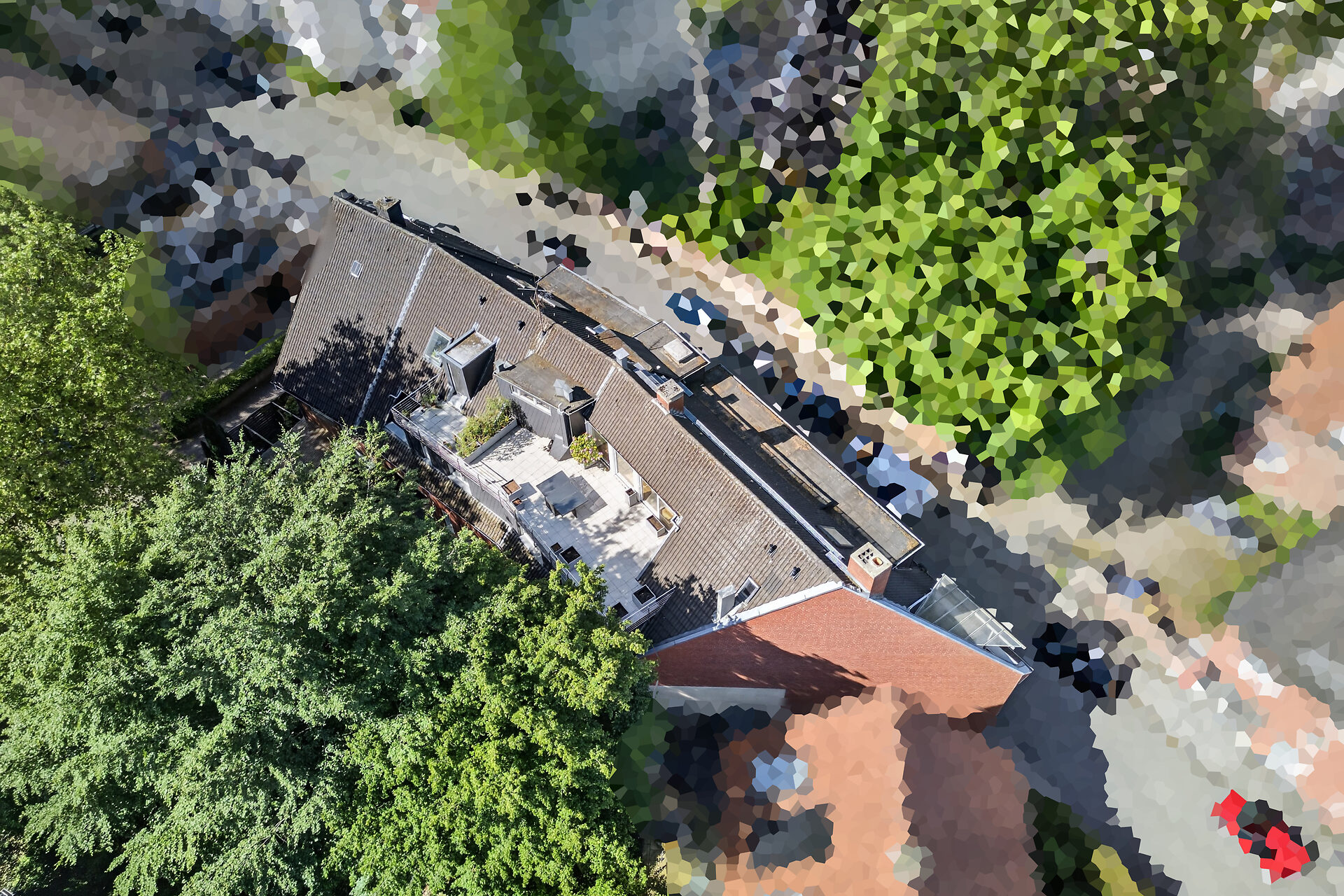 Maisonette-Wohnung Münster Martiniviertel – Drohnenaufnahme mit Dachterrasse in zentraler Altstadtlage