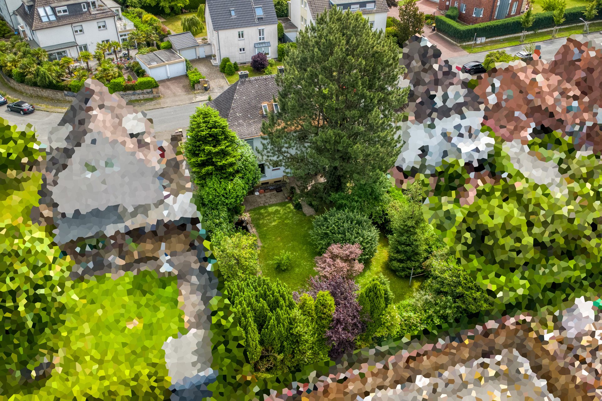 Stadtvilla Castrop-Rauxel – Luftaufnahme des Gartens mit altem Baumbestand
